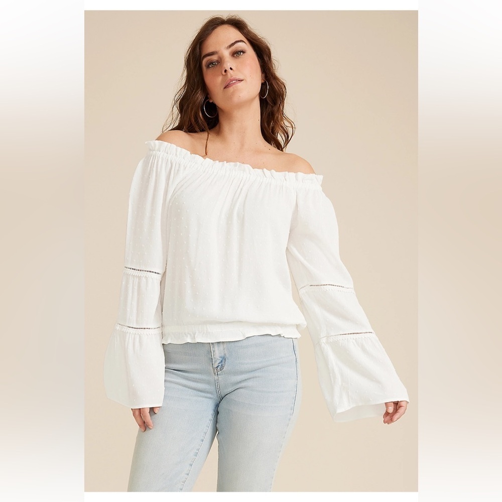 Maurices White Swiss Dot Off The Shoulder Bell Sleeve Lace Inset Blouse L